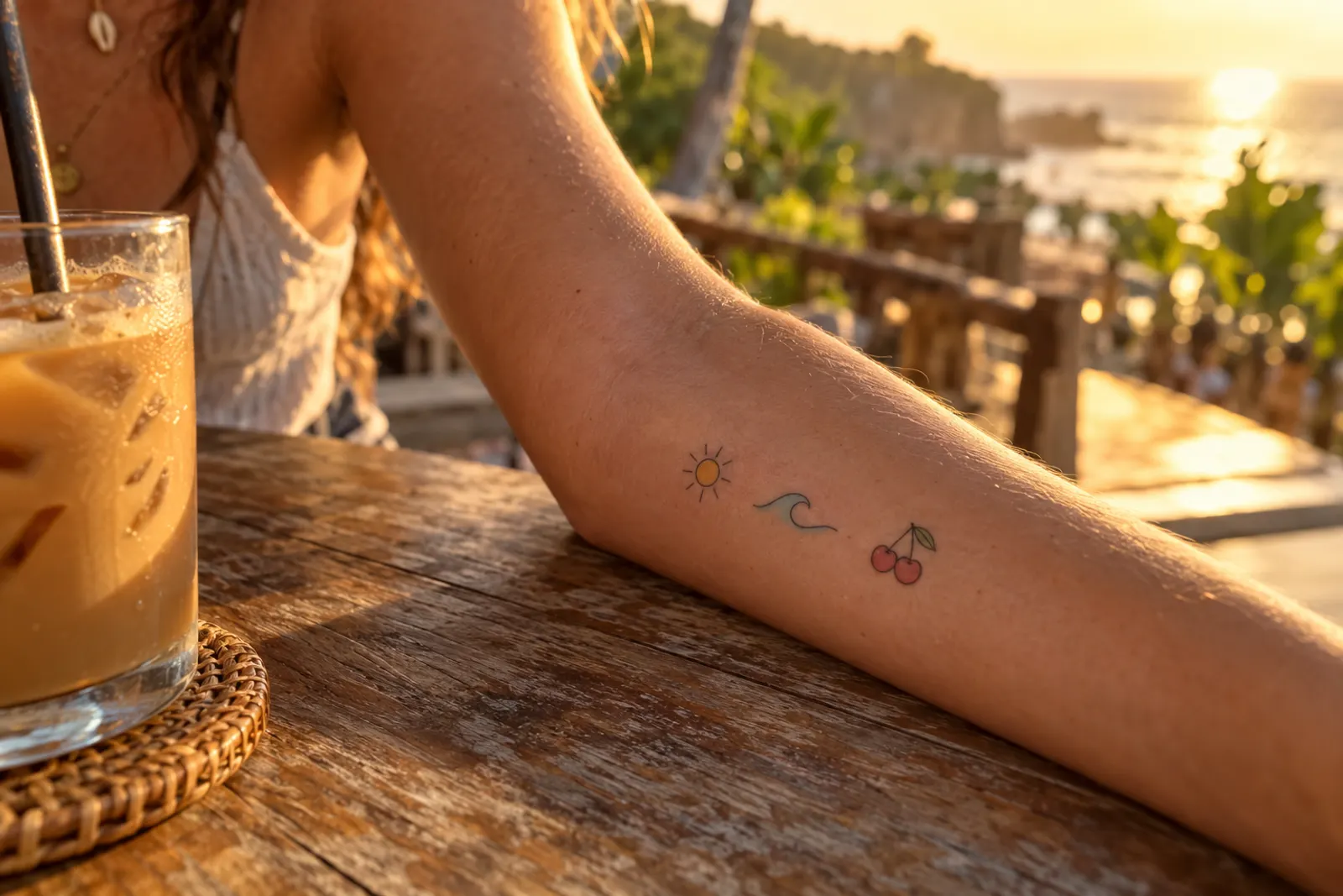Forearm with three tiny colourful tattoos resting on a cafe table at golden hour