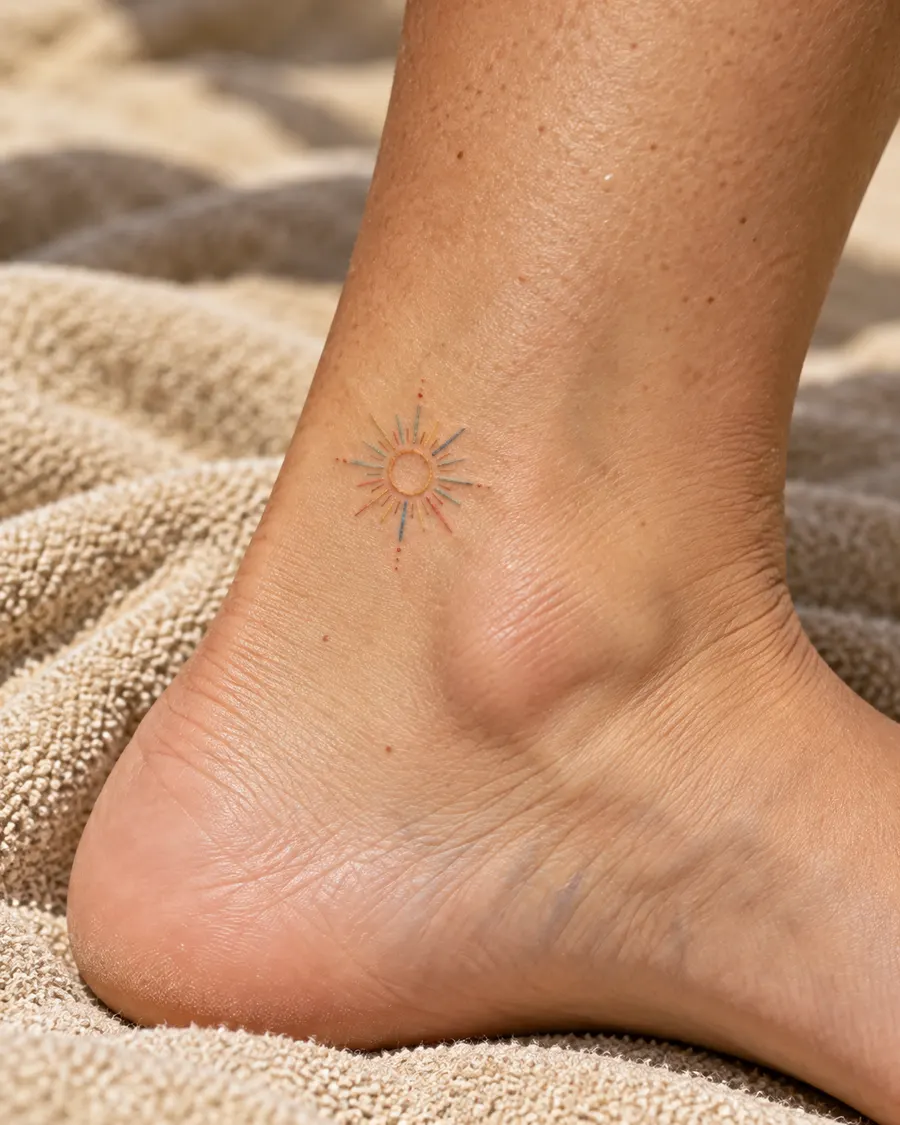 Tiny colourful sun tattoo on an ankle