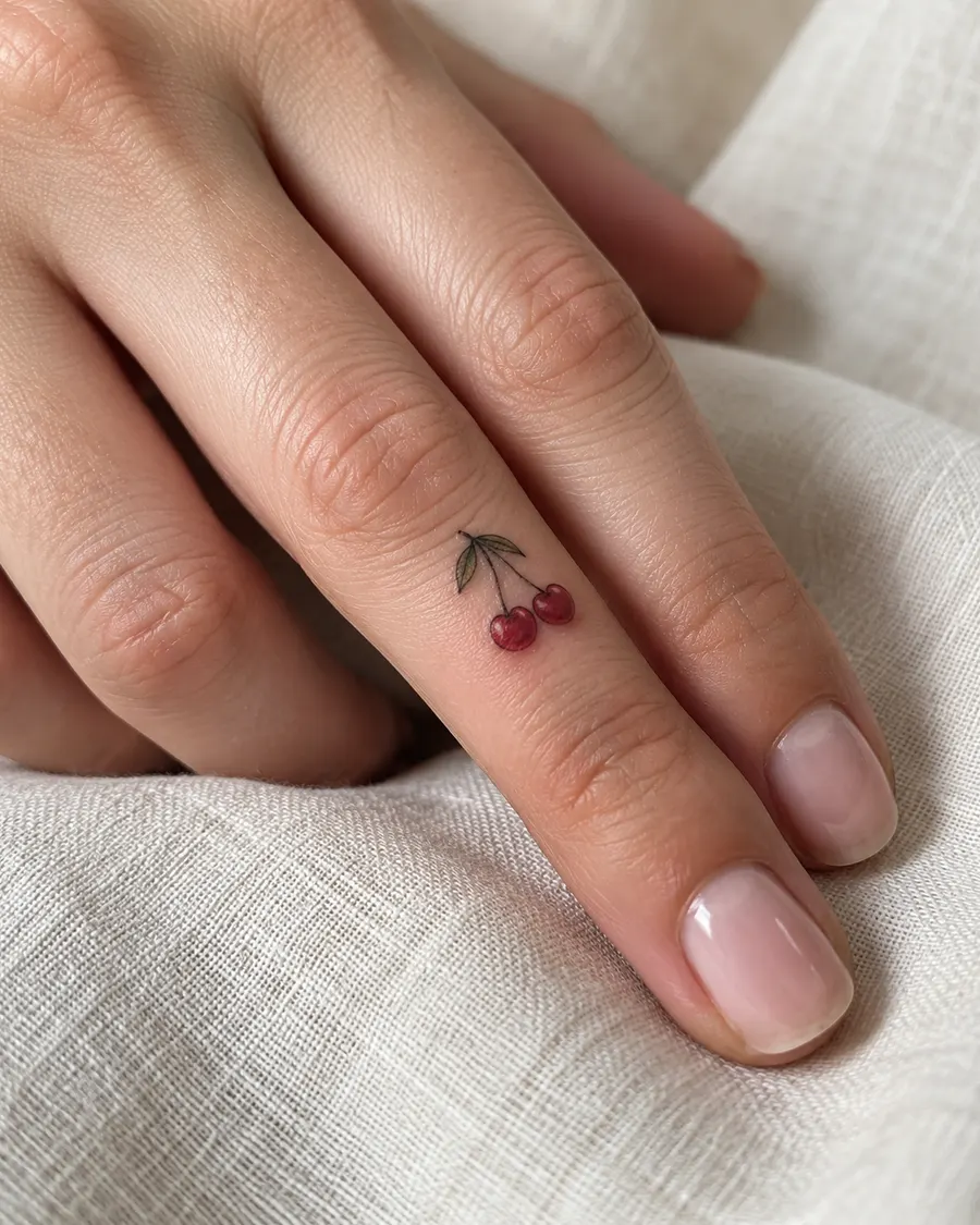 Tiny red cherries tattoo on the side of a finger