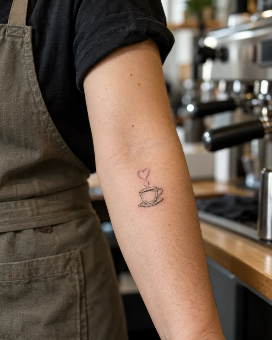 Small coffee cup tattoo with a pink heart of steam on a barista's forearm