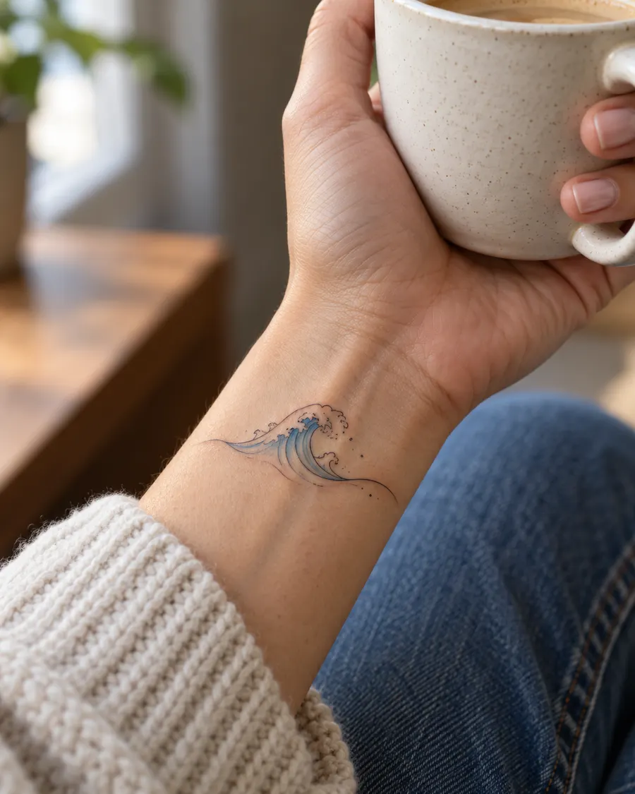 Tiny sky blue wave tattoo on an inner wrist, hand holding a coffee cup